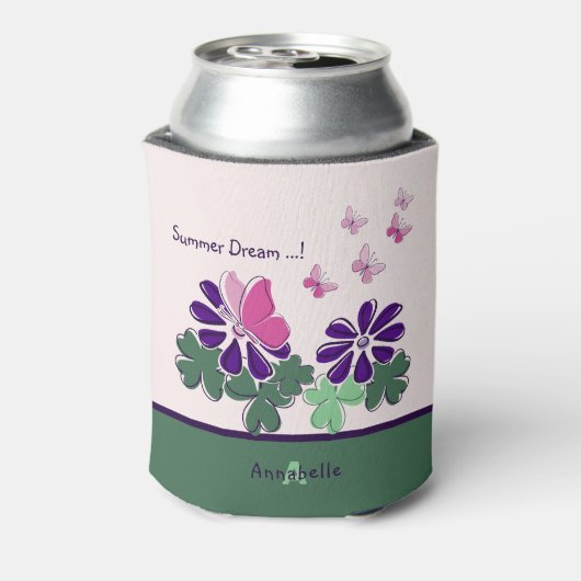 かわいい夏の夢！ピンクの蝶々紫色の花 缶クーラー (缶裏面)