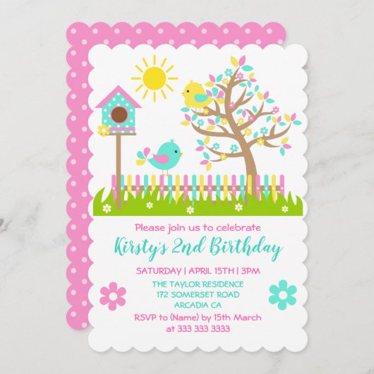 かわいい夏の木の花鳥の誕生パーティー 招待状 (正面/裏面)
