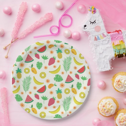 かわいい夏の果物と熱帯葉の模様 ペーパープレート (パーティー)