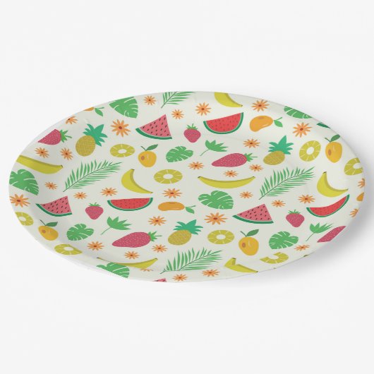 かわいい夏の果物と熱帯葉の模様 ペーパープレート (アングル)