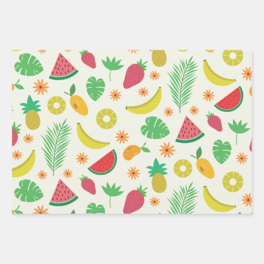 かわいい夏の果物と熱帯葉の模様 ラッピングペーパーシート (正面)