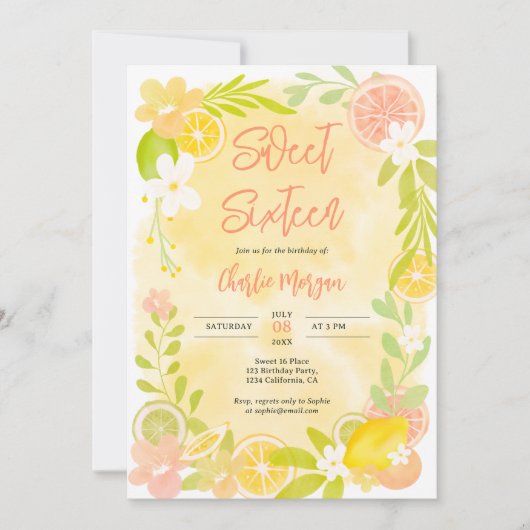 かわいい夏の柑橘類フローラの水色の甘い16 招待状 (正面)