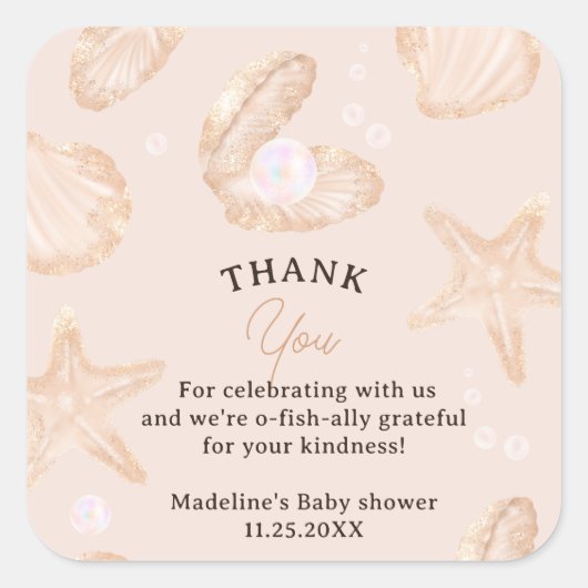 かわいい夏の海小さな真珠の赤ちゃん感謝していシャワー スクエアシール (正面)