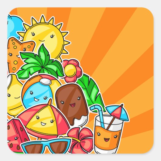 かわいい夏の落書き 太陽 ビーチ トロピカル スクエアシール (正面)