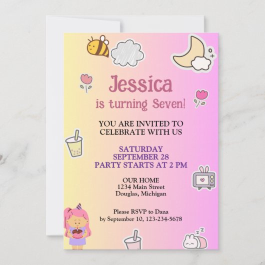 かわいい夏の誕生日パーティー 招待状 (正面)