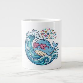 かわいい夏の青いクジラハートサングラスステッカー ジャンボコーヒーマグカップ