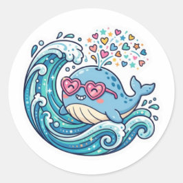 かわいい夏の青いクジラハートサングラスステッカー ラウンドシール