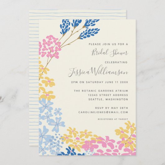 かわいい夏の青と黄色の花のブライダルシャワー 招待状 (正面/裏面)