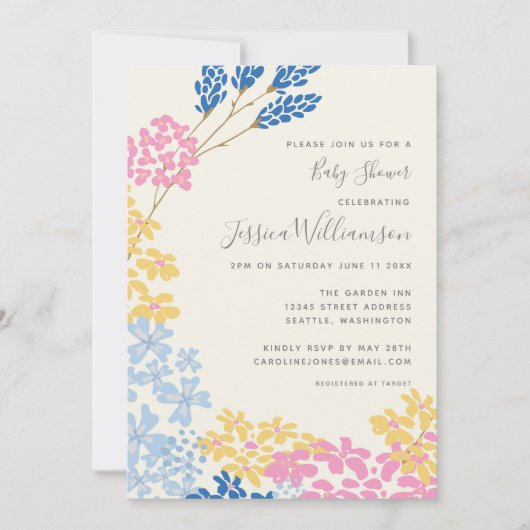 かわいい夏の青と黄色の花赤ちゃんシャワー 招待状 (正面)