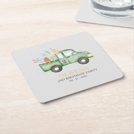 かわいい夕暮れグリーンANY AGE誕生日パーティー スクエアペーパーコースター (アングル)