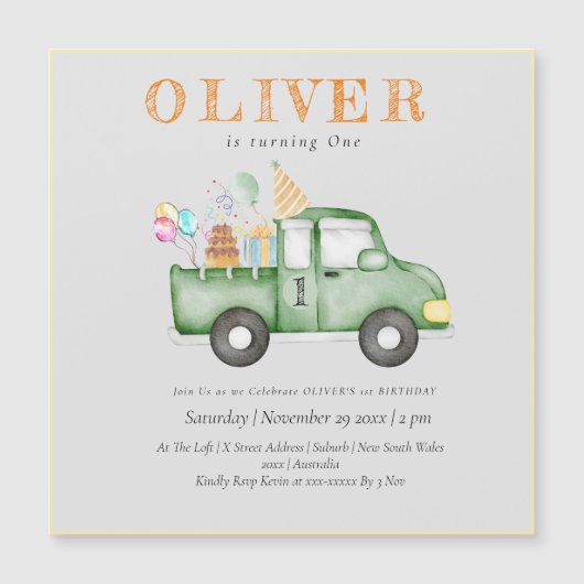 かわいい夕暮れグリーンANY AGE誕生日パーティー マグネット招待状 (正面)