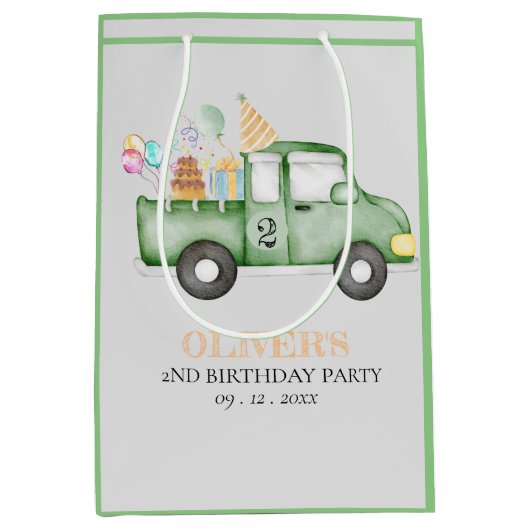 かわいい夕暮れグリーンANY AGE誕生日パーティー ミディアムペーパーバッグ (正面)