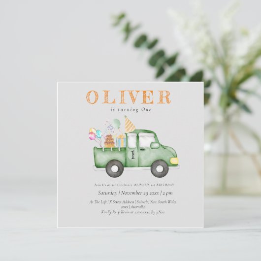 かわいい夕暮れグリーンANY AGE誕生日パーティー 招待状 (スタンド正面)