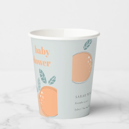 かわいい夕暮れブルーオレンジのフルーティーはっきりしたベビーシャワー 紙コップ (左)