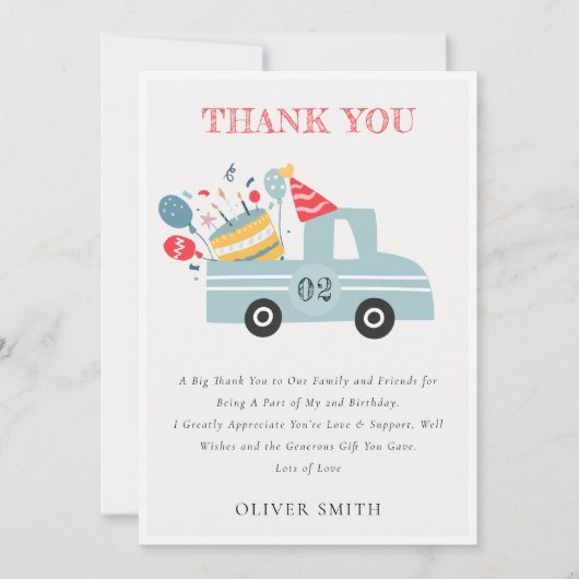 かわいい夕暮れブルー任意の年齢の誕生日パーティーケーキトラック サンキューカード (正面)