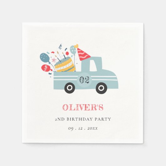 かわいい夕暮れブルー任意の年齢の誕生日パーティーケーキトラック スタンダードカクテルナプキン (正面)