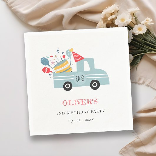 かわいい夕暮れブルー任意の年齢の誕生日パーティーケーキトラック スタンダードカクテルナプキン