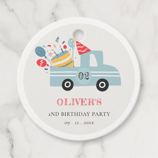 かわいい夕暮れブルー任意の年齢の誕生日パーティーケーキトラック フェイバータグ (正面)