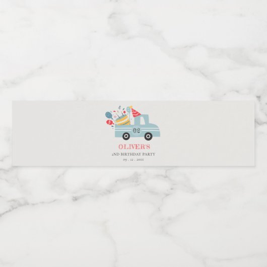 かわいい夕暮れブルー任意の年齢の誕生日パーティーケーキトラック ペットボトルラベル (シングルラベル)