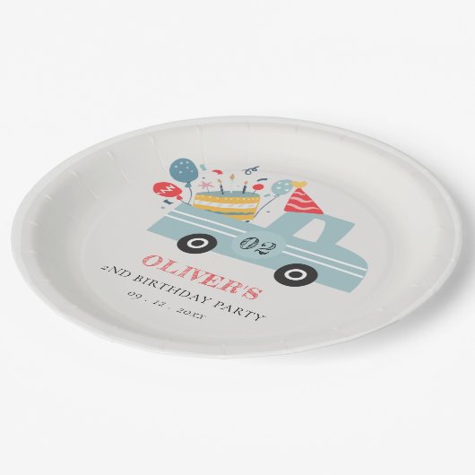 かわいい夕暮れブルー任意の年齢の誕生日パーティーケーキトラック ペーパープレート (アングル)