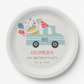 かわいい夕暮れブルー任意の年齢の誕生日パーティーケーキトラック ペーパープレート (正面)