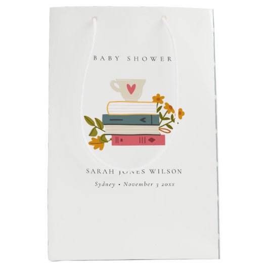 かわいい夕暮れ積みストーリーブックフローラ赤ちゃんシャワー ミディアムペーパーバッグ (正面)