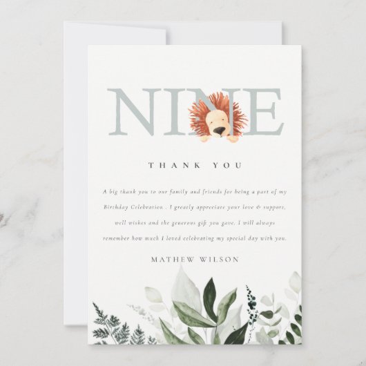 かわいい夕暮れ青ライオンの葉の第9位誕生日 サンキューカード (正面)