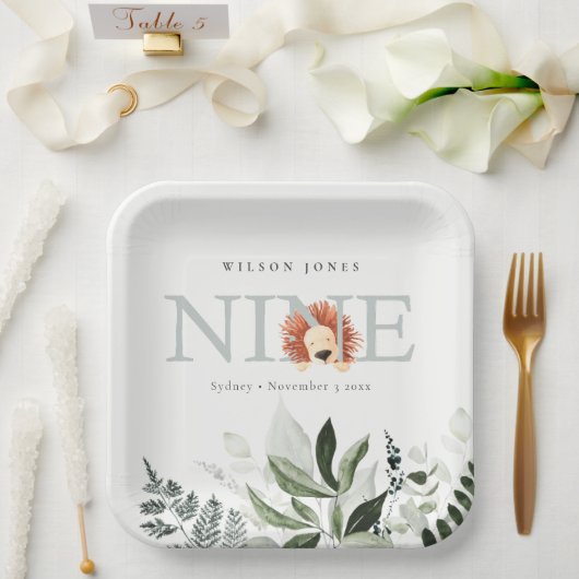 かわいい夕暮れ青ライオンの葉の第9位誕生日 ペーパープレート (ウェディング)