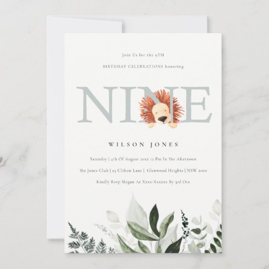 かわいい夕暮れ青ライオンの葉の第9位誕生日 招待状 (正面)