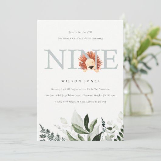 かわいい夕暮れ青ライオンの葉の第9位誕生日 招待状 (スタンド正面)