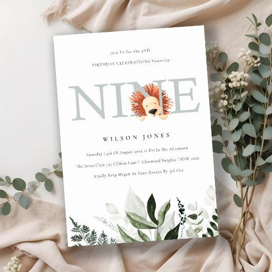 かわいい夕暮れ青ライオンの葉の第9位誕生日 招待状