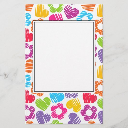 かわいい多色の花とハートの女の子らしいパターン 便箋 (正面)