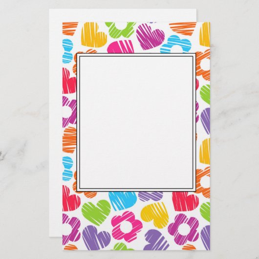 かわいい多色の花とハートの女の子らしいパターン 便箋 (正面/裏面)