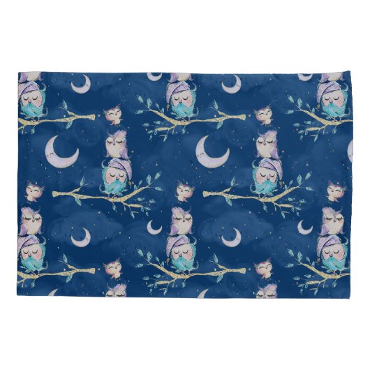 かわいい夜型の人のグリッターの月のピンクの青の星明かり 枕カバー (裏面)