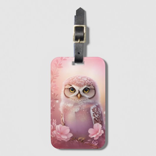かわいい夢のようなピンクの穴居性フクロウ ラゲッジタグ (正面縦)