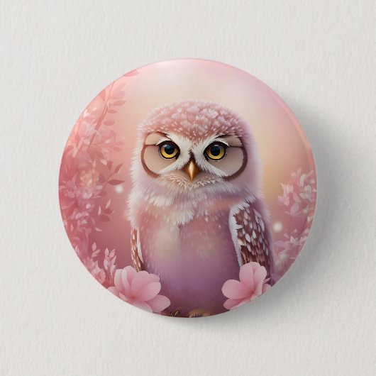 かわいい夢のようなピンクの穴居性フクロウ 缶バッジ (正面)