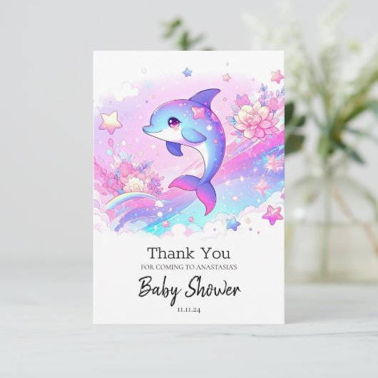 かわいい夢のイルカの赤ちゃんシャワー サンキューカード (スタンド正面)
