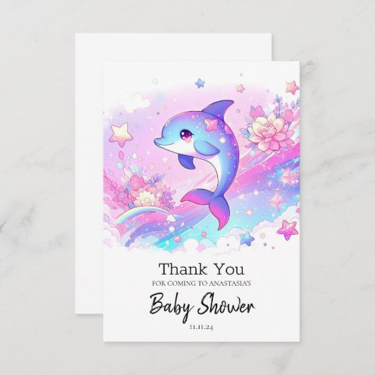 かわいい夢のイルカの赤ちゃんシャワー サンキューカード (正面/裏面)