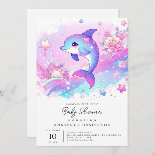 かわいい夢のイルカの赤ちゃんシャワー 招待状 (正面/裏面)