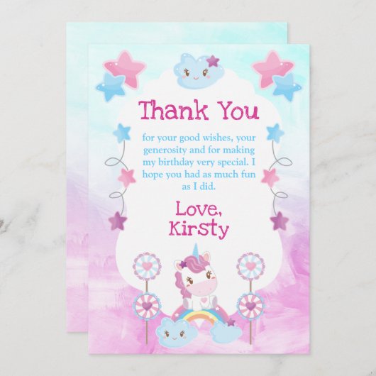 かわいい夢見るユニコーン虹の雲の誕生日パーティー サンキューカード (正面/裏面)