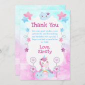 かわいい夢見るユニコーン虹雲誕生日パーティー サンキューカード (正面/裏面)