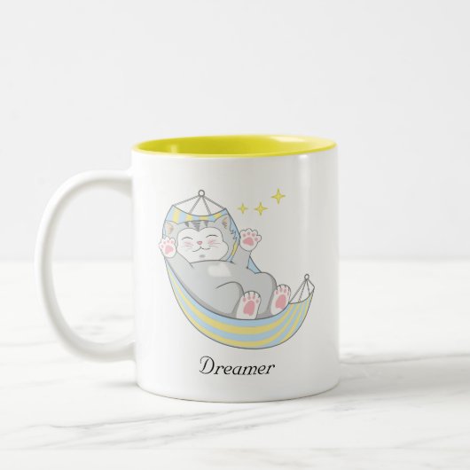 かわいい夢見る子猫のハンモックTシャツ ツートーンマグカップ (左)