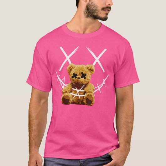 かわいい大きなテディベアと有刺鉄線顔スマイル Tシャツ (正面)
