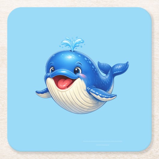 かわいい大きな目のクジラのイラスト スクエアペーパーコースター (正面)