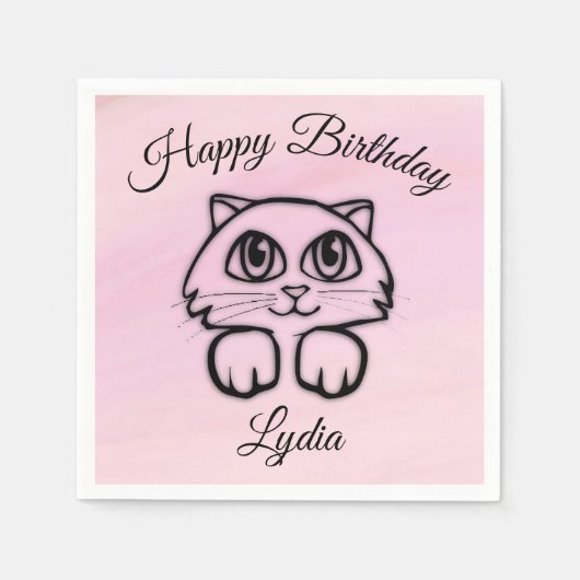 かわいい大きな目の猫のぞきピンクハッピーバースデー スタンダードカクテルナプキン (正面)