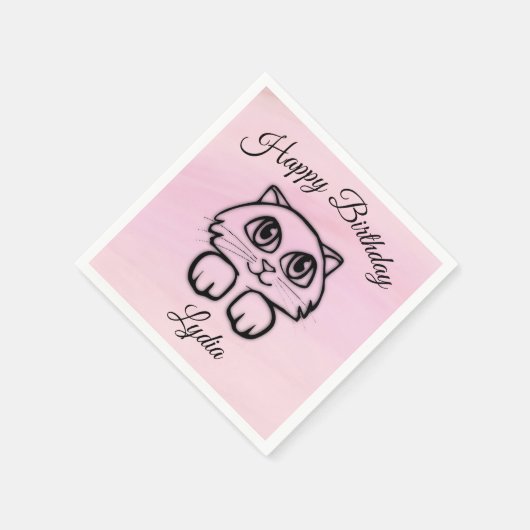 かわいい大きな目の猫のぞきピンクハッピーバースデー スタンダードカクテルナプキン