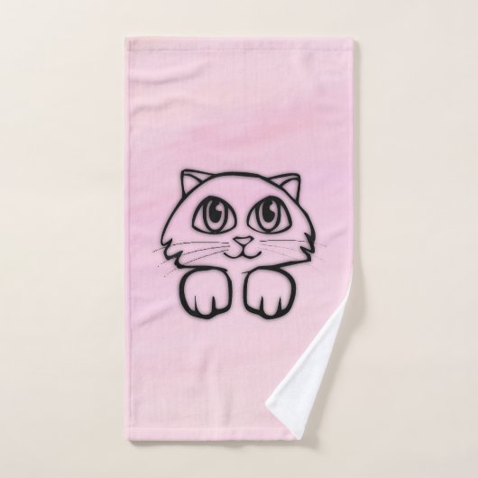 かわいい大きな目の猫のピンクののぞき見 バスタオルセット (ハンドタオル)