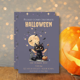 かわいい大きな目の翼の妖精の黒猫ハロウィン 招待状