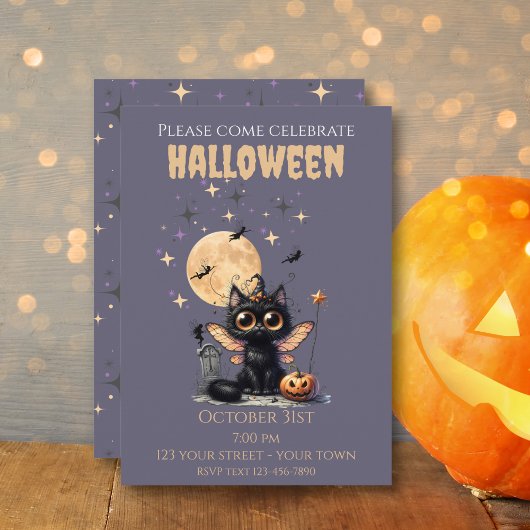 かわいい大きな目の翼の妖精の黒猫ハロウィン 招待状