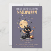 かわいい大きな目の翼の妖精の黒猫ハロウィン 招待状 (正面)